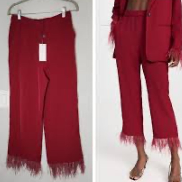 NWT WAYF Paints Suit Set Wide Leg Tailored Trousers Feather Trim Berry Red Small - Picture 3 of 9